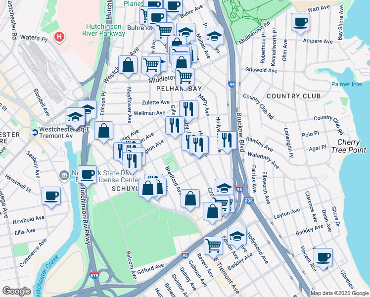 map of restaurants, bars, coffee shops, grocery stores, and more near 1328 Gillespie Avenue in The Bronx