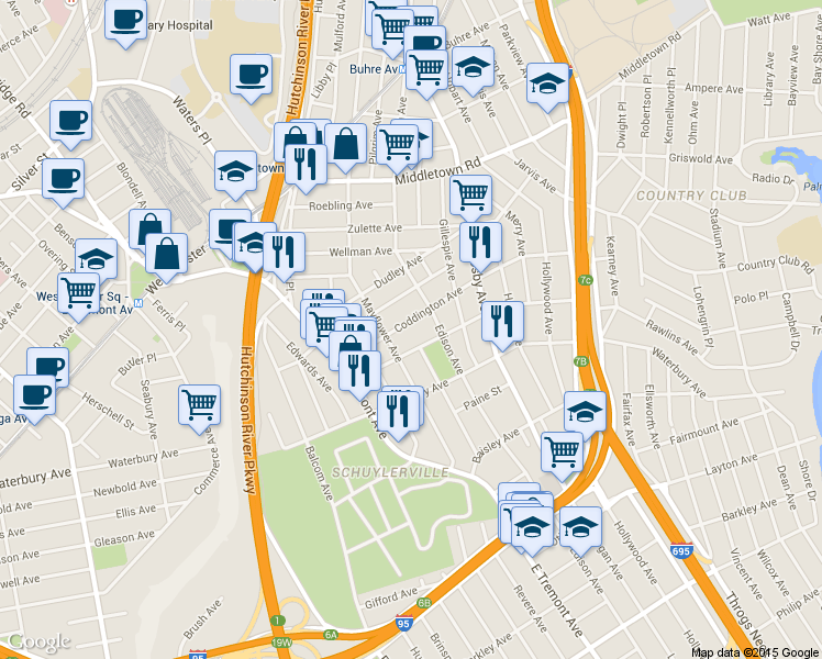 map of restaurants, bars, coffee shops, grocery stores, and more near 2860 Coddington Avenue in Bronx