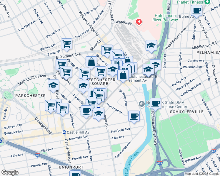 map of restaurants, bars, coffee shops, grocery stores, and more near 1416 Saint Peters Avenue in Bronx