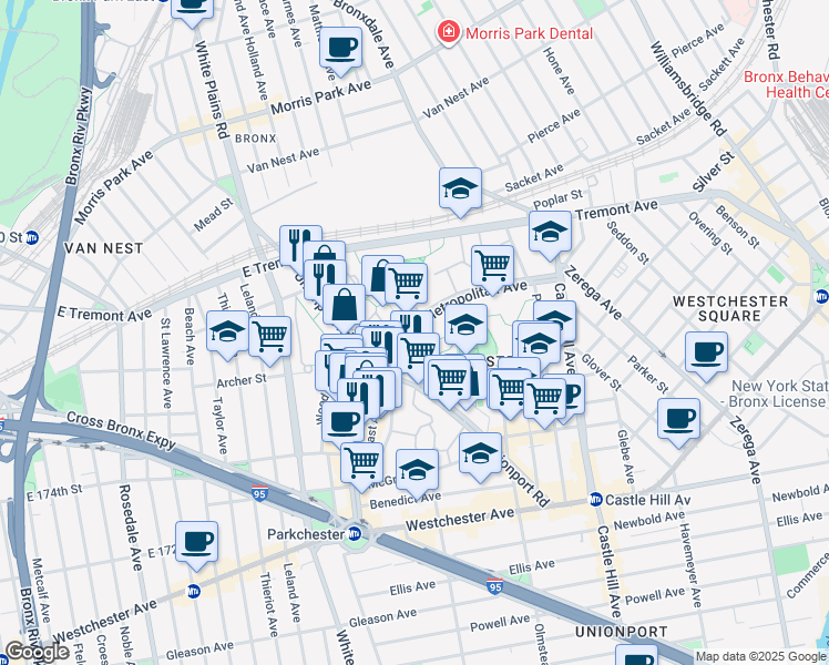 map of restaurants, bars, coffee shops, grocery stores, and more near 1504 Metropolitan Avenue in Bronx