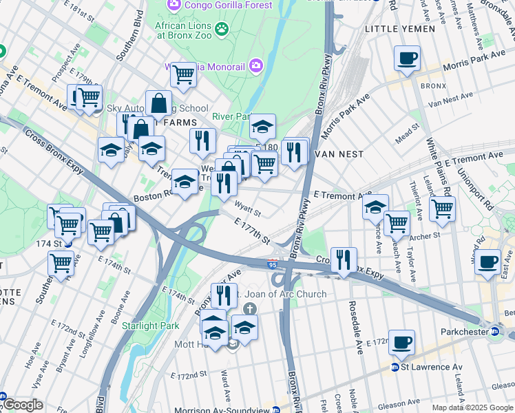 map of restaurants, bars, coffee shops, grocery stores, and more near in Bronx