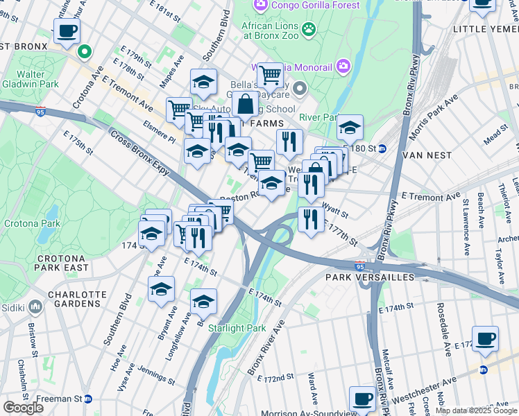 map of restaurants, bars, coffee shops, grocery stores, and more near 1923 West Farms Road in Bronx