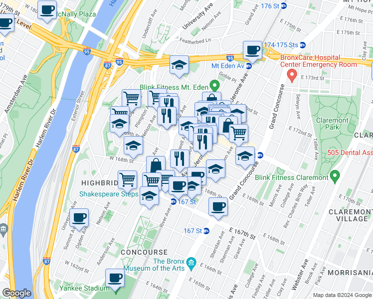 map of restaurants, bars, coffee shops, grocery stores, and more near 1325 Inwood Avenue in The Bronx