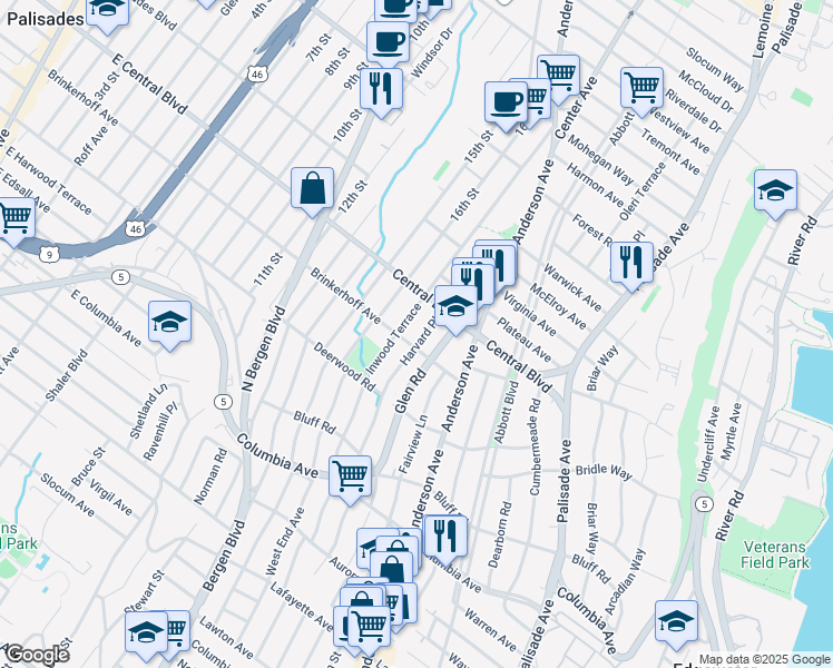 map of restaurants, bars, coffee shops, grocery stores, and more near 503 Brinkerhoff Avenue in Palisades Park