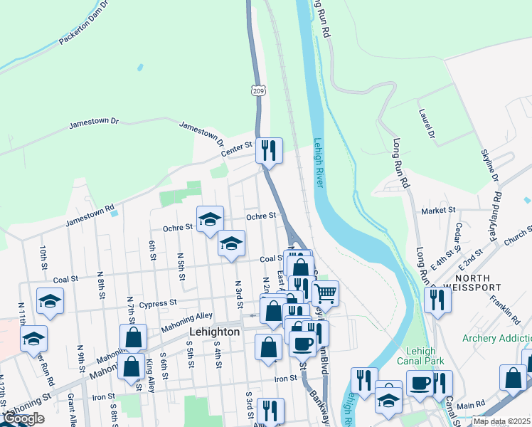 map of restaurants, bars, coffee shops, grocery stores, and more near 132-198 Ochre Street in Lehighton