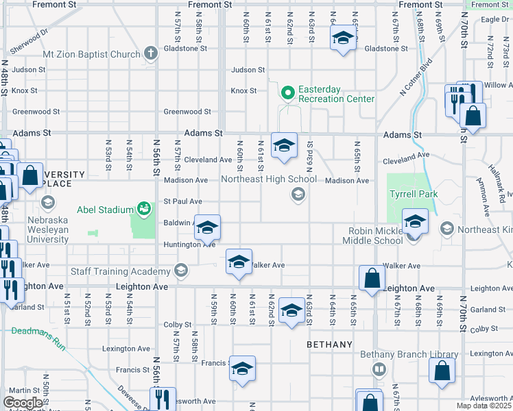map of restaurants, bars, coffee shops, grocery stores, and more near 2635 North 61st Street in Lincoln