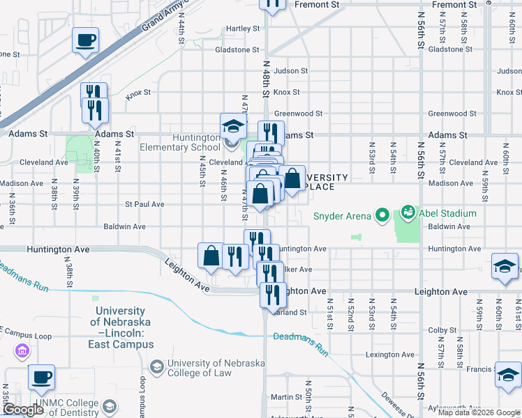 map of restaurants, bars, coffee shops, grocery stores, and more near 2639 North 48th Street in Lincoln