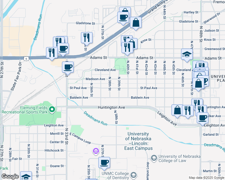 map of restaurants, bars, coffee shops, grocery stores, and more near 3831 Saint Paul Avenue in Lincoln