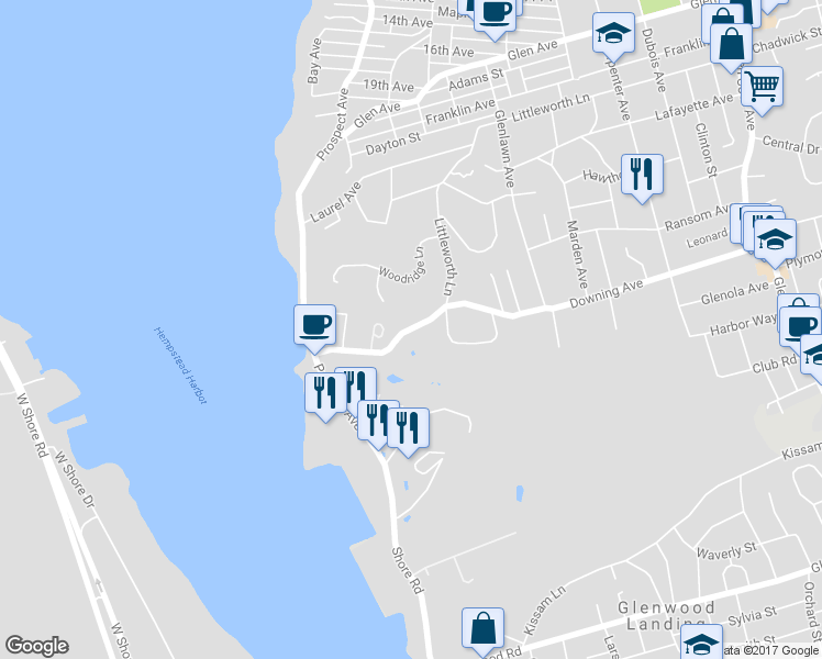 map of restaurants, bars, coffee shops, grocery stores, and more near 377 Littleworth Lane in Sea Cliff