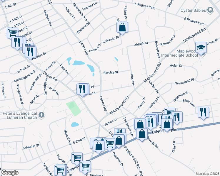 map of restaurants, bars, coffee shops, grocery stores, and more near 251 East 17th Street in Huntington Station