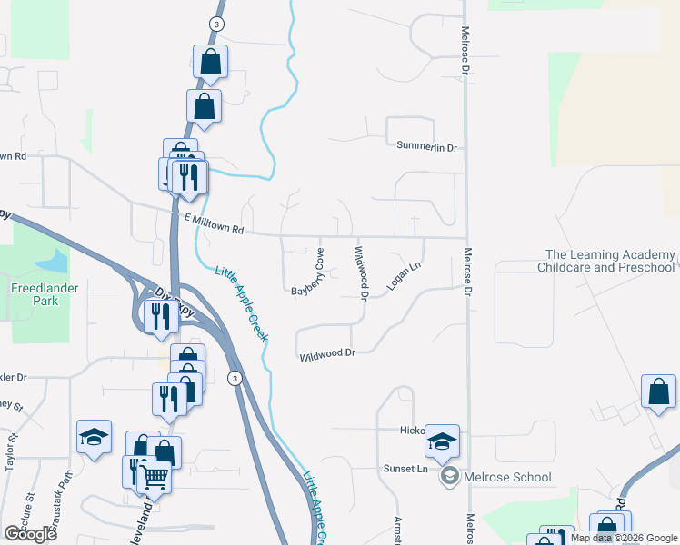 map of restaurants, bars, coffee shops, grocery stores, and more near 685 Wildwood Drive in Wooster