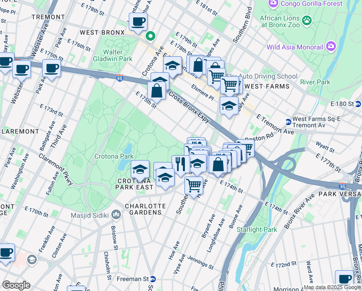 map of restaurants, bars, coffee shops, grocery stores, and more near 3 Crotona Park North in The Bronx