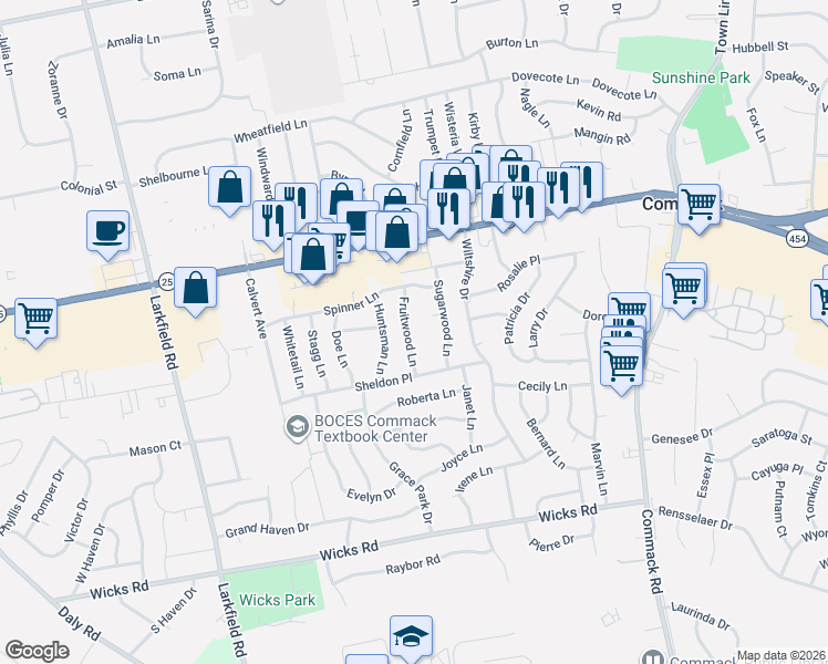 map of restaurants, bars, coffee shops, grocery stores, and more near 12 Fruitwood Lane in Commack