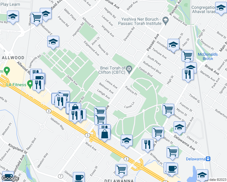 map of restaurants, bars, coffee shops, grocery stores, and more near 12 Belmont Avenue in Clifton