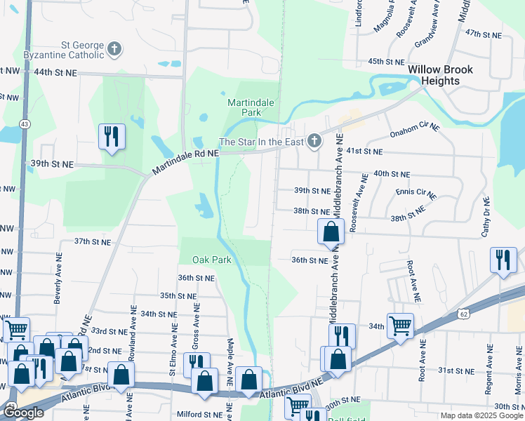 map of restaurants, bars, coffee shops, grocery stores, and more near 3752 Kaiser Avenue Northeast in Canton