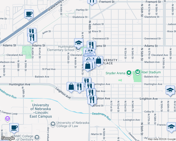 map of restaurants, bars, coffee shops, grocery stores, and more near 2639 North 48th Street in Lincoln