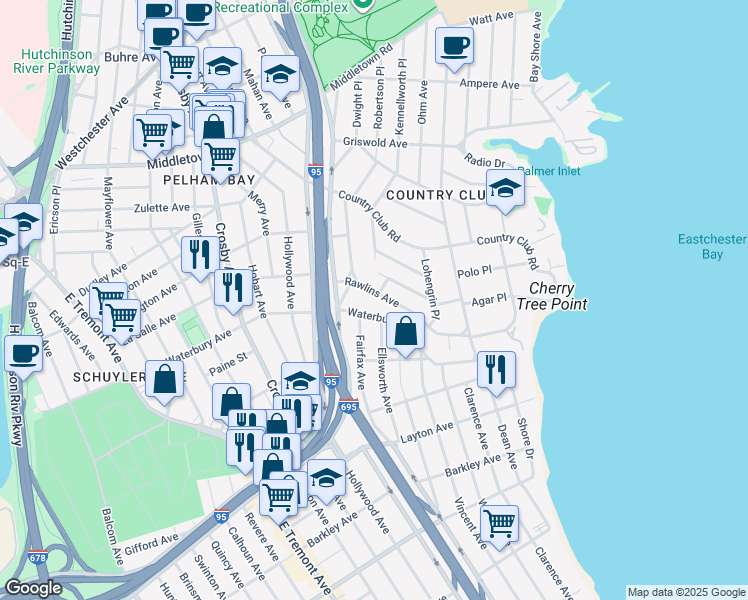map of restaurants, bars, coffee shops, grocery stores, and more near 3166 Rawlins Avenue in Bronx