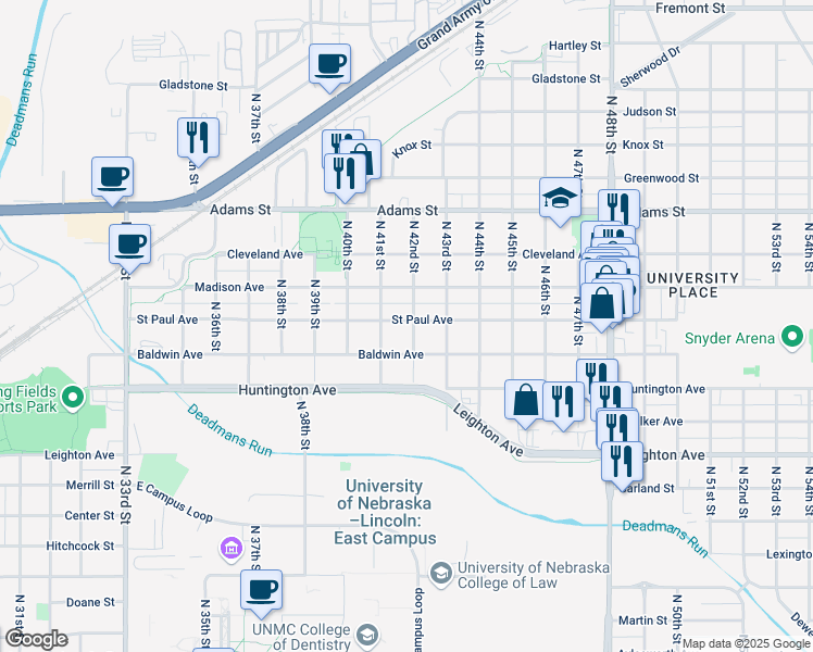 map of restaurants, bars, coffee shops, grocery stores, and more near 2645 North 42nd Street in Lincoln