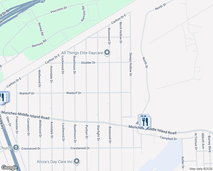 map of restaurants, bars, coffee shops, grocery stores, and more near 505 Boxwood Drive in Shirley