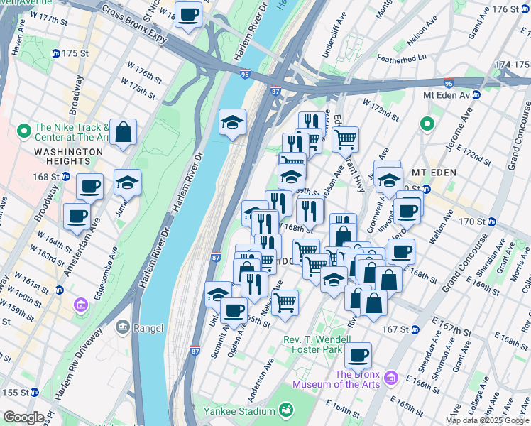 map of restaurants, bars, coffee shops, grocery stores, and more near 1247 University Avenue in Bronx