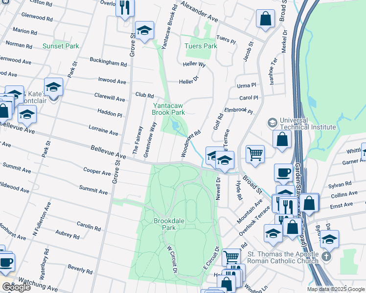 map of restaurants, bars, coffee shops, grocery stores, and more near 11 Woodmont Road in Montclair