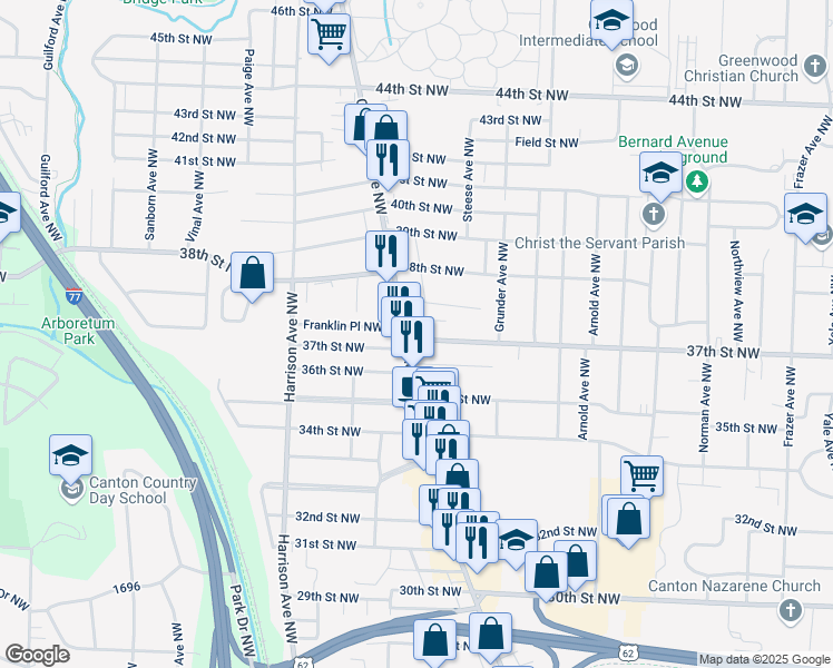 map of restaurants, bars, coffee shops, grocery stores, and more near 3712 Cleveland Avenue Northwest in Canton