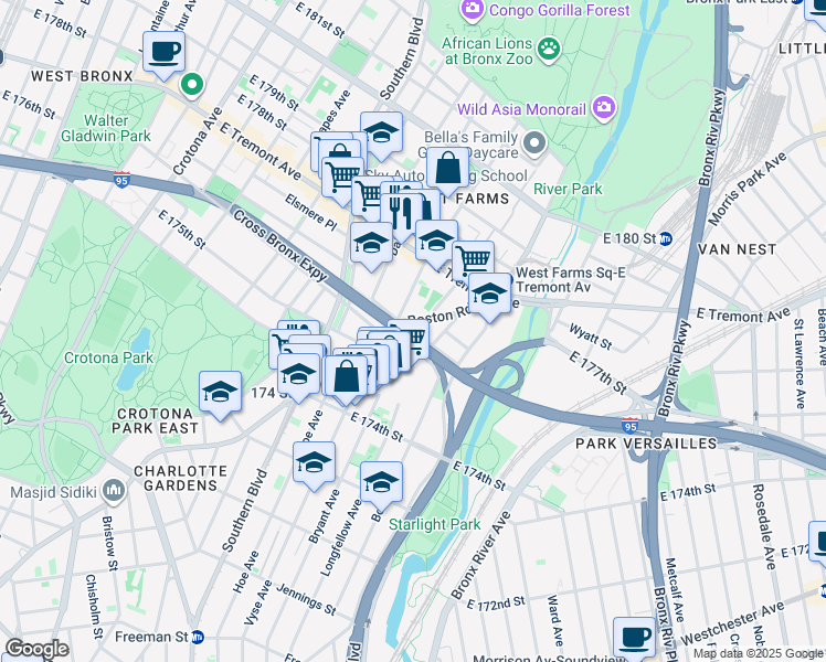 map of restaurants, bars, coffee shops, grocery stores, and more near Bryant Avenue in Bronx
