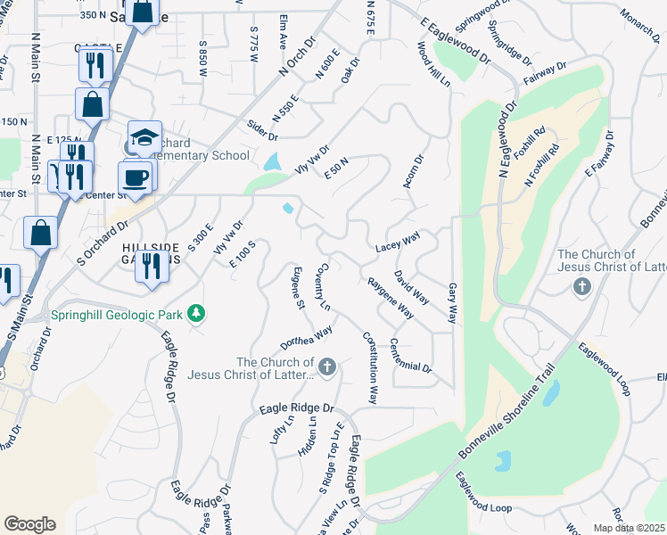 map of restaurants, bars, coffee shops, grocery stores, and more near 105 Coventry Lane in North Salt Lake