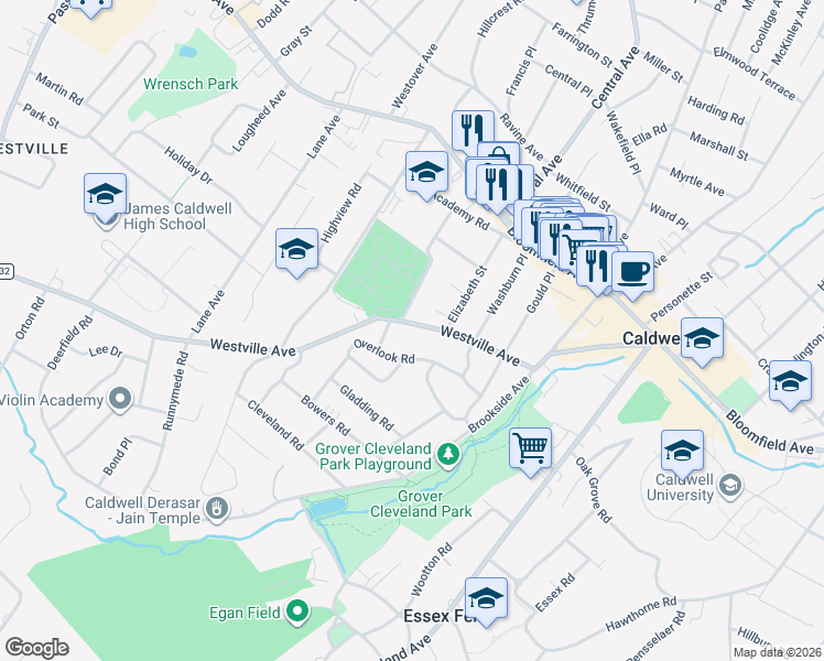 map of restaurants, bars, coffee shops, grocery stores, and more near 108 Westville Avenue in Caldwell