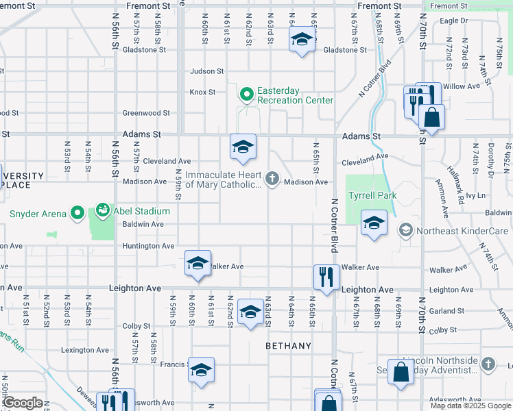 map of restaurants, bars, coffee shops, grocery stores, and more near 2635 North 63rd Street in Lincoln