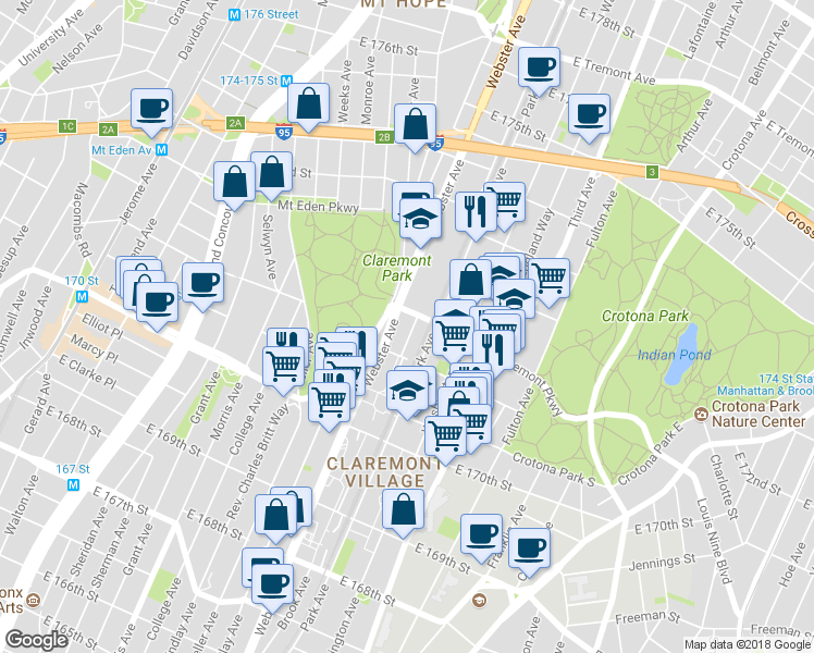 map of restaurants, bars, coffee shops, grocery stores, and more near 1525 Brook Avenue in Bronx