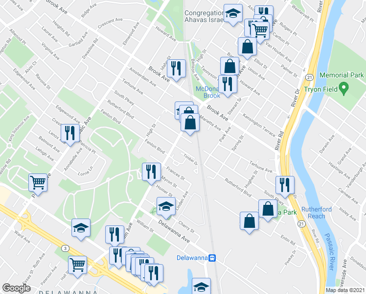 map of restaurants, bars, coffee shops, grocery stores, and more near 270 Rutherford Boulevard in Clifton
