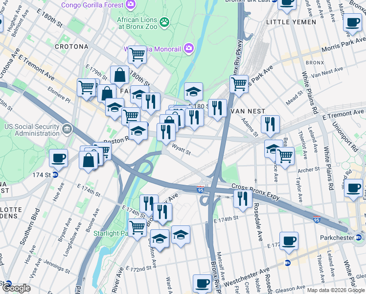 map of restaurants, bars, coffee shops, grocery stores, and more near in Bronx
