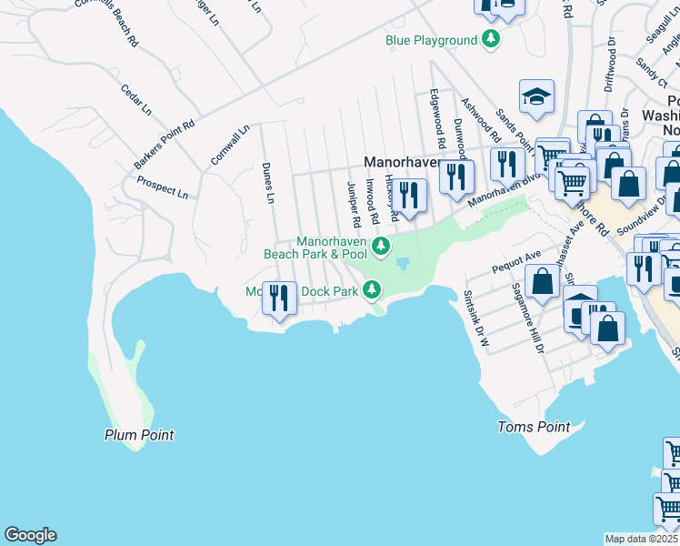 map of restaurants, bars, coffee shops, grocery stores, and more near Kaywood Road in Port Washington