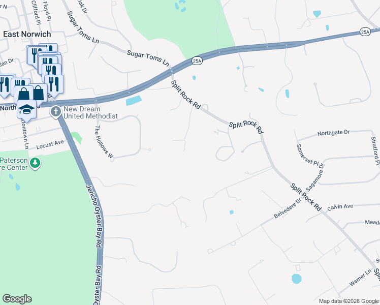 map of restaurants, bars, coffee shops, grocery stores, and more near 535 Split Rock Road in Syosset