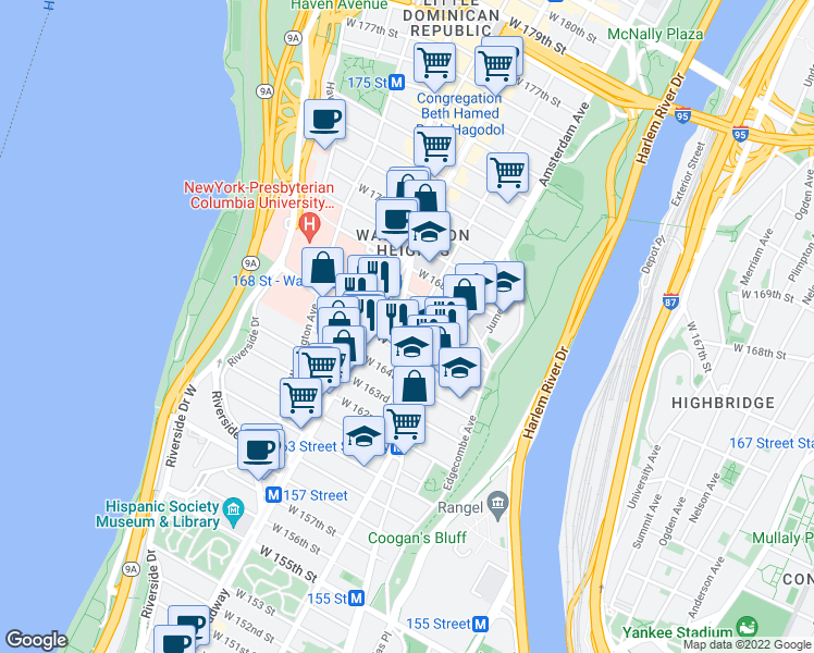 map of restaurants, bars, coffee shops, grocery stores, and more near 21 Audubon Avenue in New York