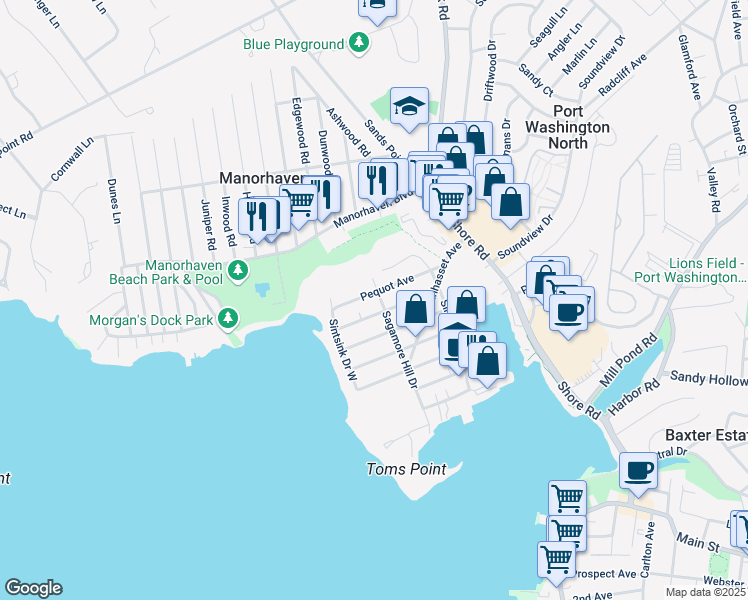 map of restaurants, bars, coffee shops, grocery stores, and more near 65 Sagamore Hill Drive in Port Washington