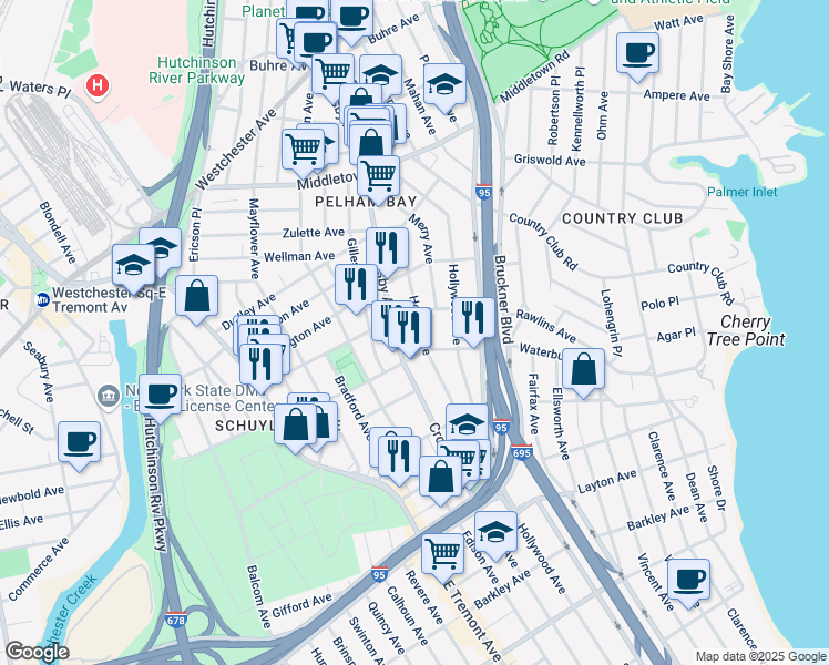 map of restaurants, bars, coffee shops, grocery stores, and more near 1311 Hobart Avenue in The Bronx