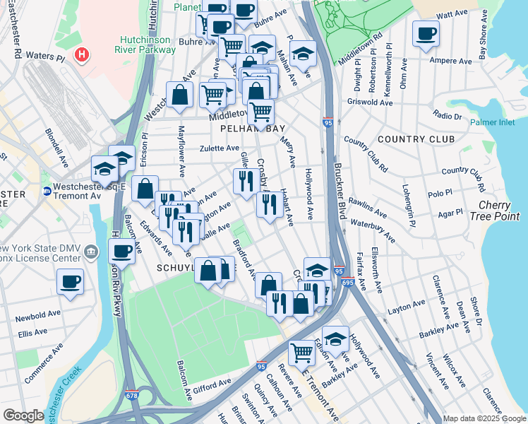 map of restaurants, bars, coffee shops, grocery stores, and more near 1328 Gillespie Avenue in The Bronx