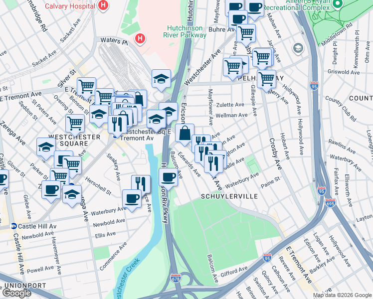 map of restaurants, bars, coffee shops, grocery stores, and more near 1429 Edwards Avenue in Bronx