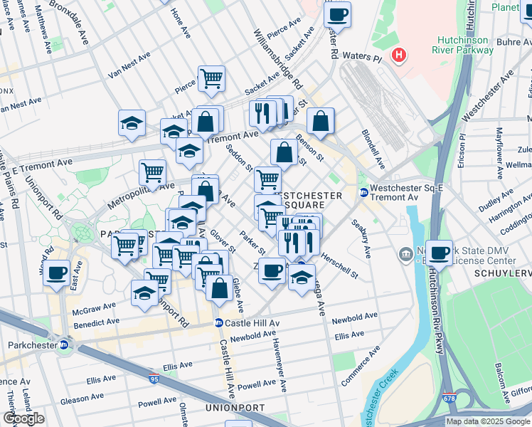 map of restaurants, bars, coffee shops, grocery stores, and more near 1570 Zerega Avenue in Bronx