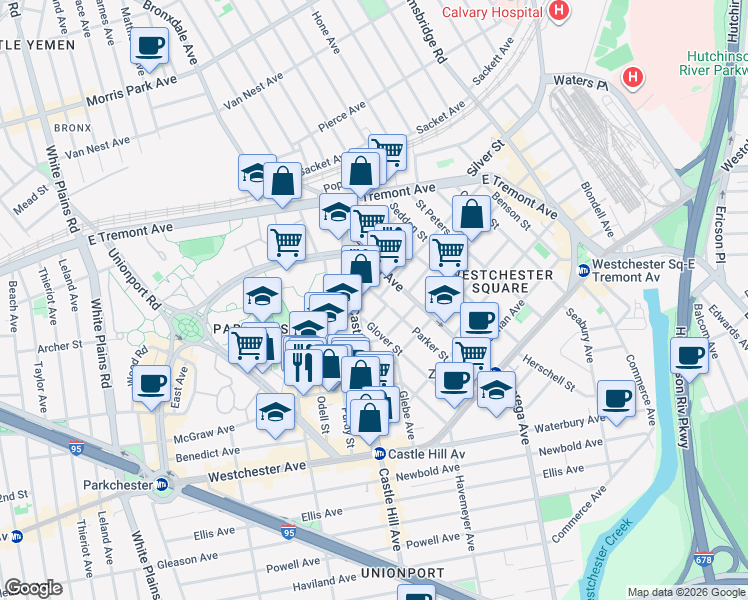 map of restaurants, bars, coffee shops, grocery stores, and more near 1650 Glover Street in Bronx