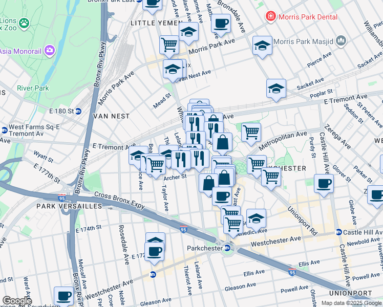 map of restaurants, bars, coffee shops, grocery stores, and more near 1542 Leland Avenue in The Bronx