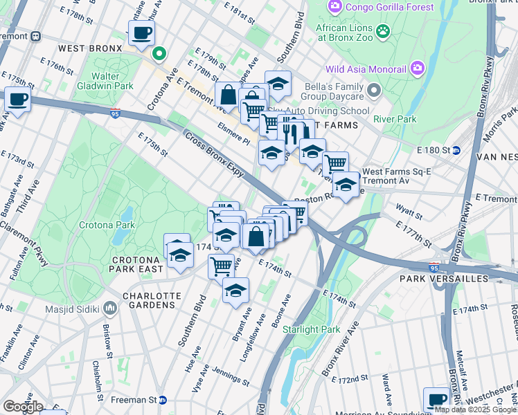 map of restaurants, bars, coffee shops, grocery stores, and more near 911 East 175th Street in Bronx