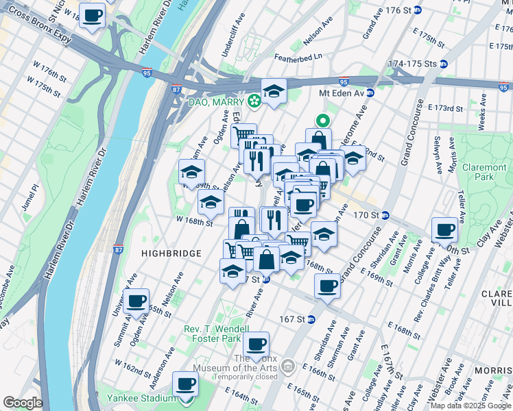 map of restaurants, bars, coffee shops, grocery stores, and more near 1307 Edward L Grant Highway in Bronx