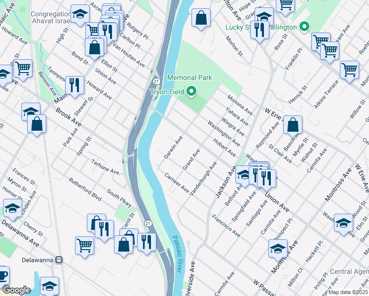 map of restaurants, bars, coffee shops, grocery stores, and more near 158 Grand Avenue in Rutherford