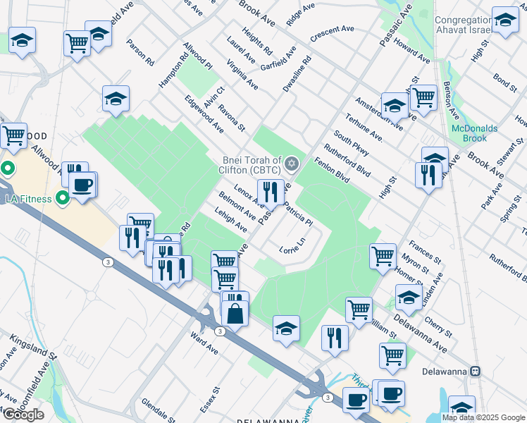 map of restaurants, bars, coffee shops, grocery stores, and more near 12 Belmont Avenue in Clifton