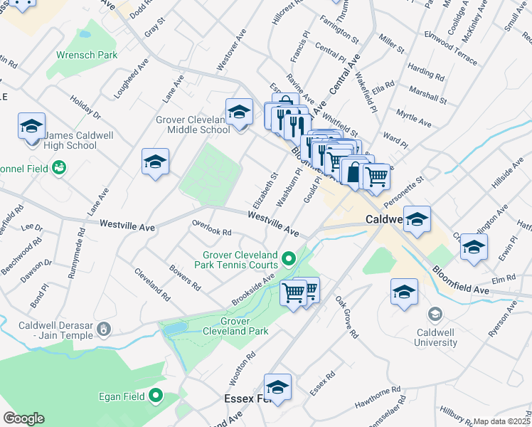 map of restaurants, bars, coffee shops, grocery stores, and more near 92 Westville Avenue in Caldwell