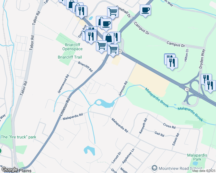 map of restaurants, bars, coffee shops, grocery stores, and more near 250 Johnson Road in Morris Plains