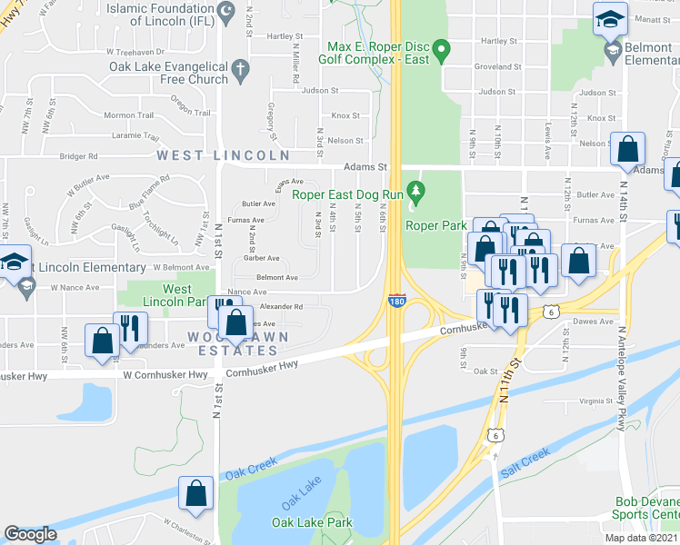 map of restaurants, bars, coffee shops, grocery stores, and more near 2611 North 5th Street in Lincoln